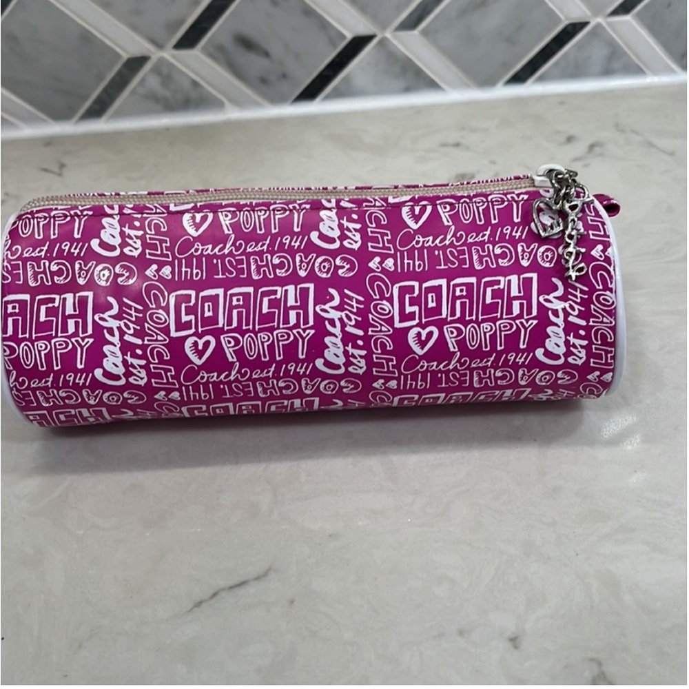 Coach Poppy Flower Tootsie Roll Makeup Brush Pencil barrel Bag Pink and White - Picture 7 of 7